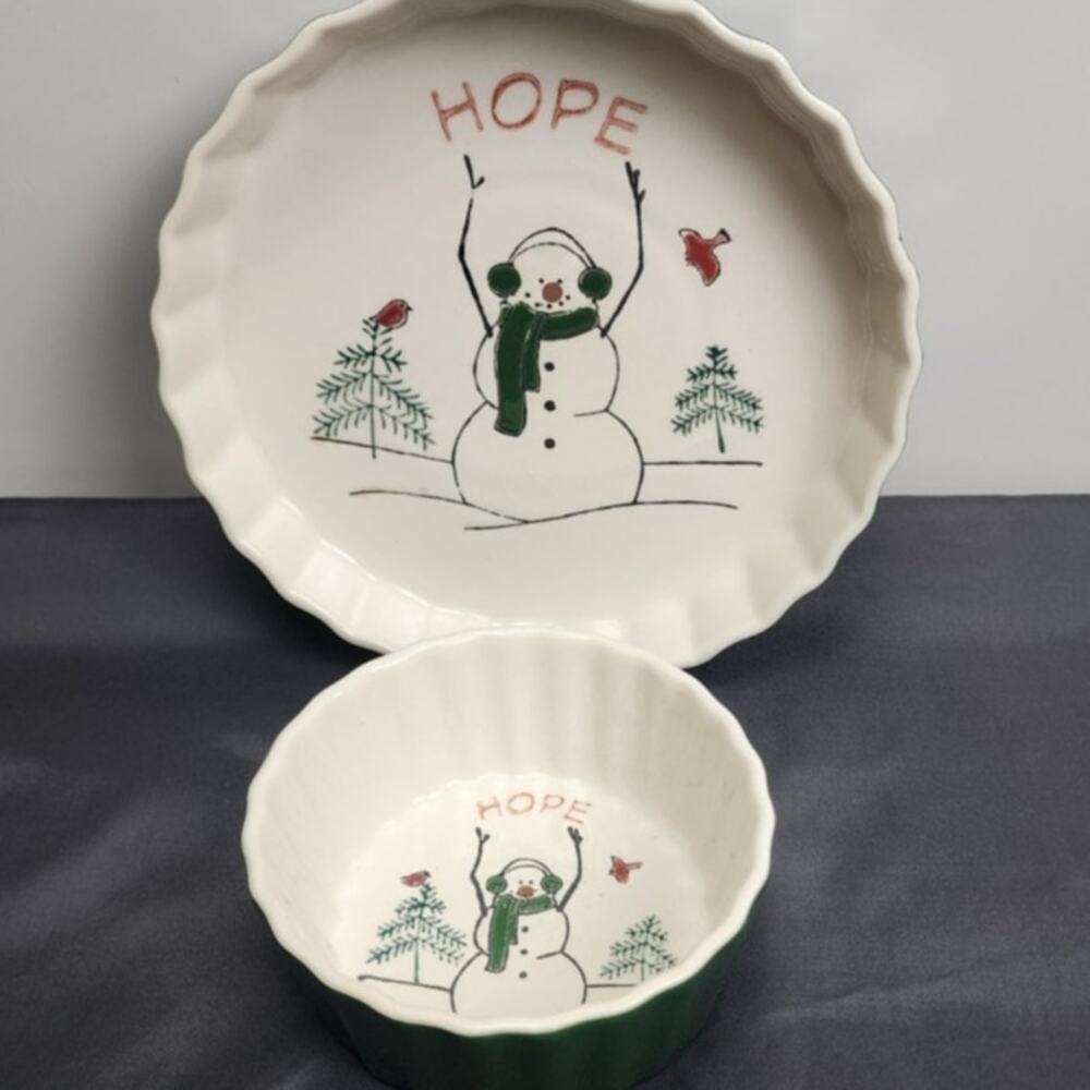 Nantucket Christmas Green Pie & Dip Stoneware HOPE Snowmen Matching 2 pc. Set